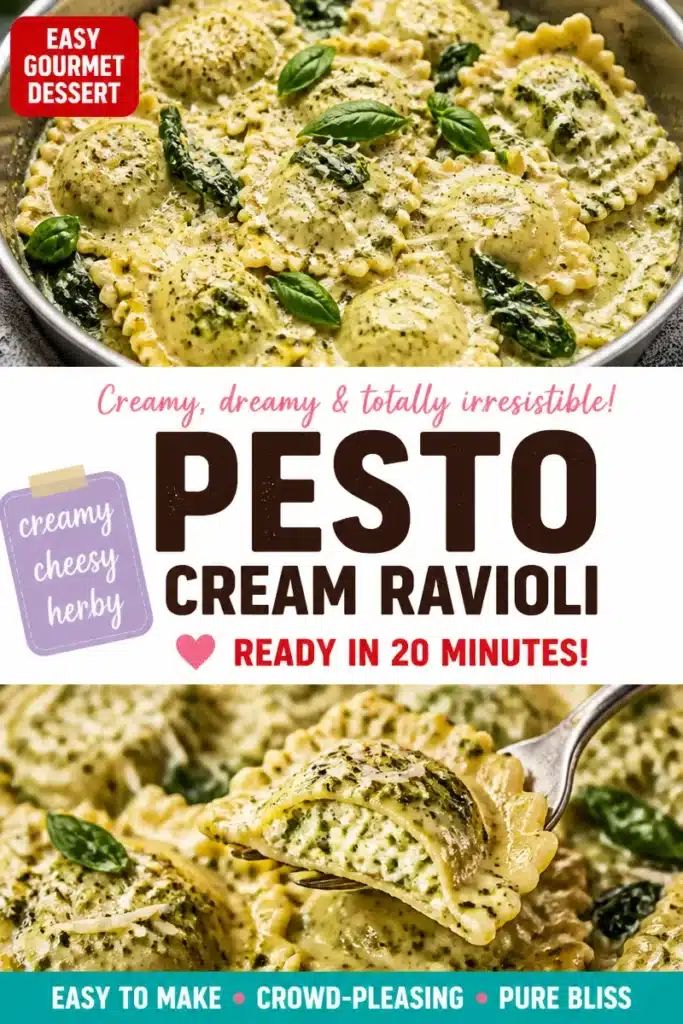 Pesto Cream Ravioli served with fresh basil and grated cheese
