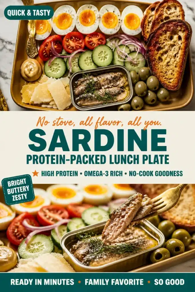Protein-packed sardine lunch plate with vegetables and whole grain bread