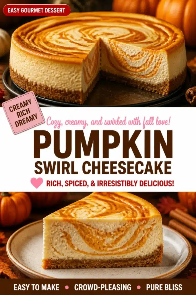 Delicious Pumpkin Swirl Cheesecake topped with cream and pumpkin spice