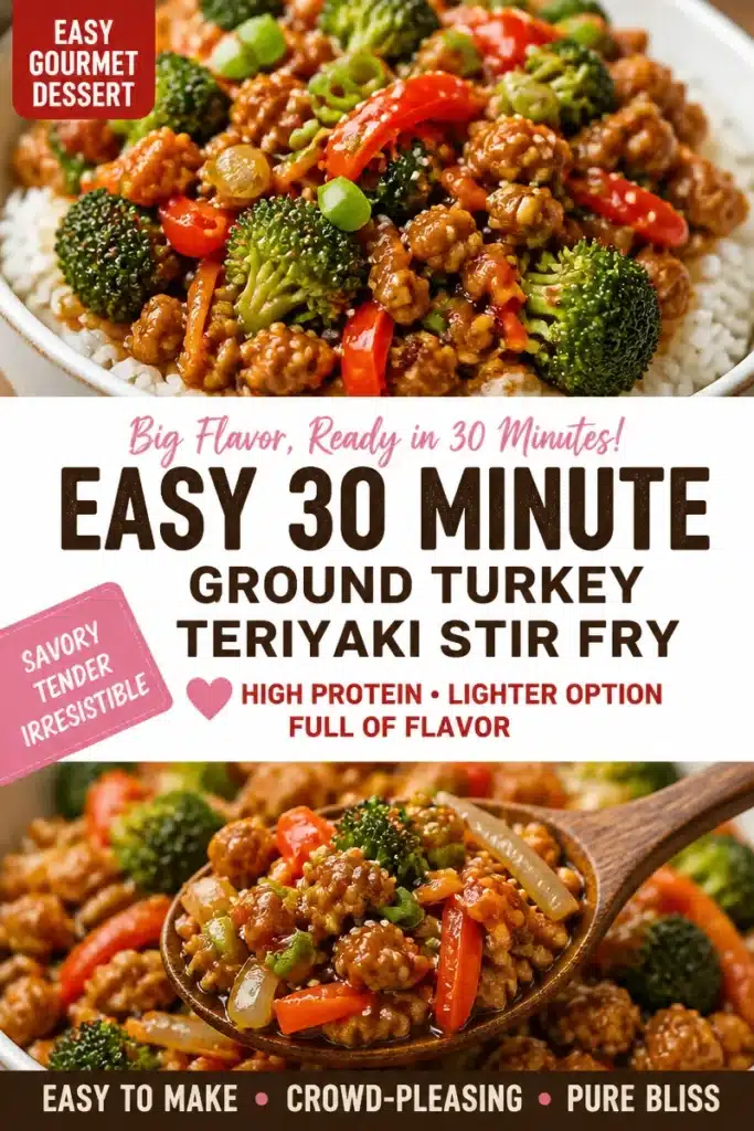 Quick ground turkey teriyaki stir-fry served with colorful vegetables