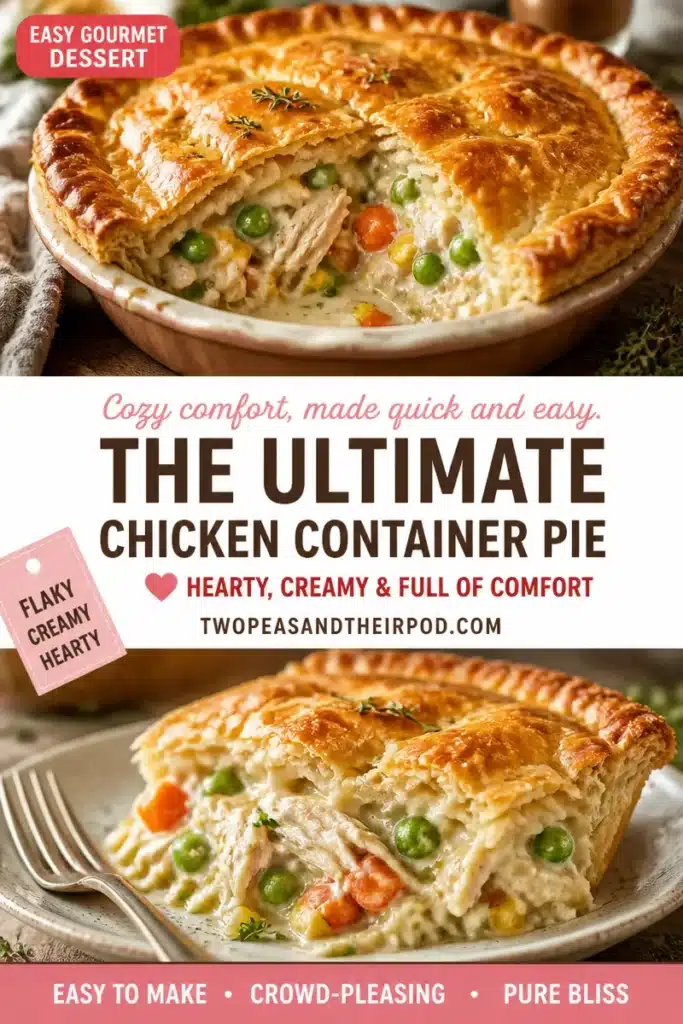 Quick and easy chicken pot pie served in a ceramic dish with fresh herbs on top.