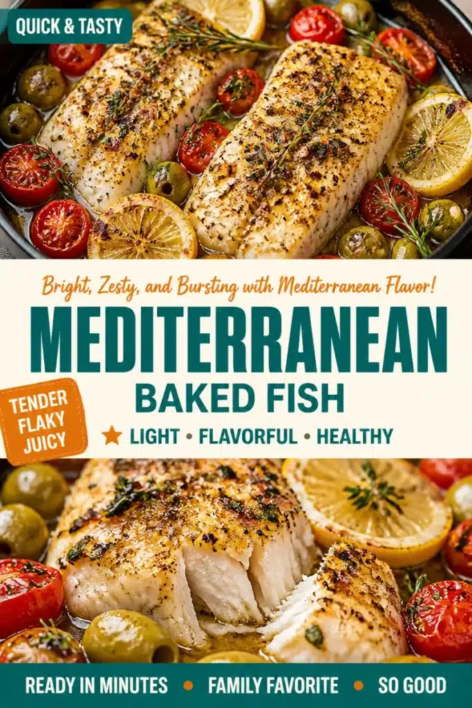 Delicious Mediterranean Baked Fish garnished with herbs and lemon