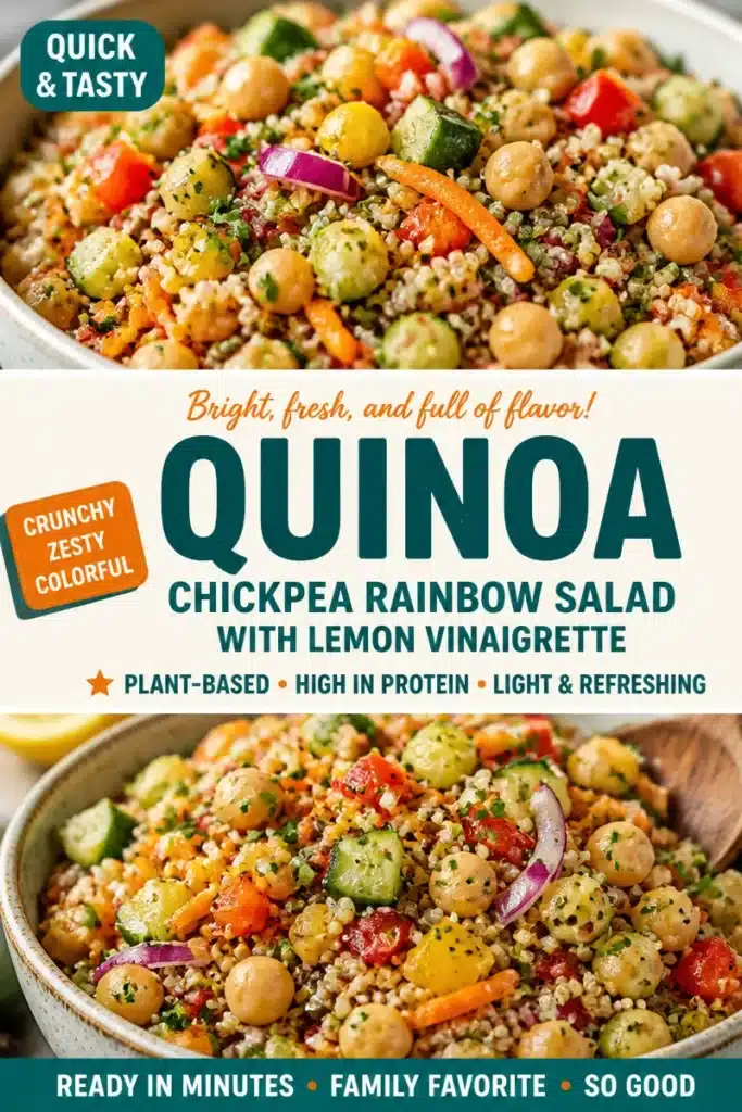 Rainbow Quinoa and Chickpea Salad with Lemon Vinaigrette served in a bowl