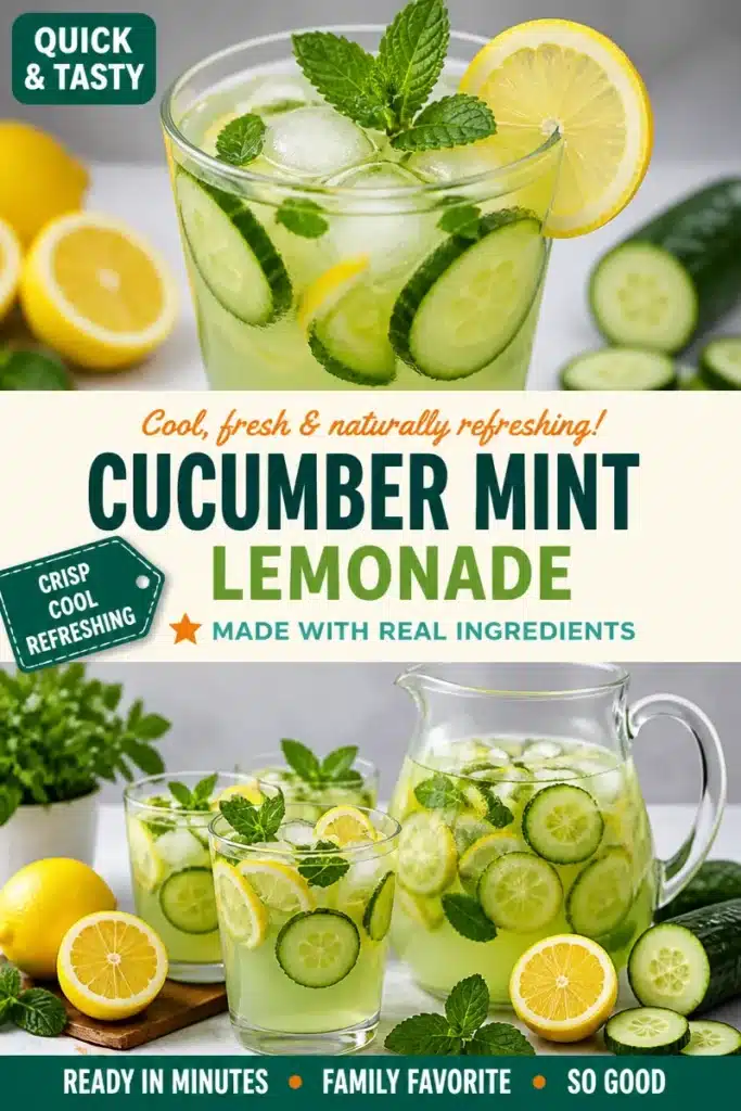A glass of refreshing cucumber mint lemonade garnished with fresh mint leaves.