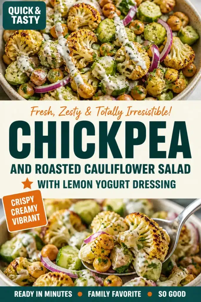 Roasted cauliflower salad with chickpeas and cucumber in a bowl