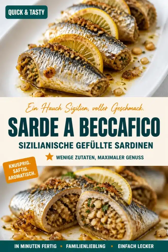 Ein Teller mit Sarde a Beccafico, gefüllten Sardinen aus Sizilien.