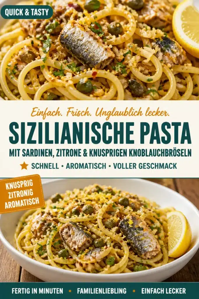 Sardine Pasta mit Zitrone und Knoblauchbröseln auf einem Teller angerichtet