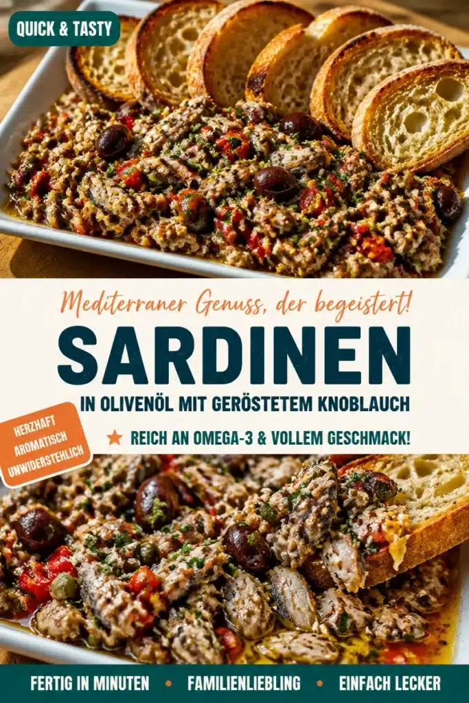 Sardinen in Olivenöl mit geröstetem Knoblauch auf einem Teller serviert