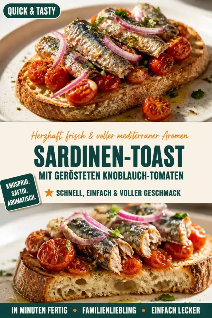 Sardinen-Toast mit gerösteten Knoblauch-Tomaten auf einem Teller