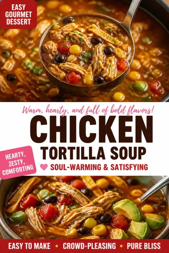 Bowl of savory chicken tortilla soup topped with tortilla strips and fresh herbs.