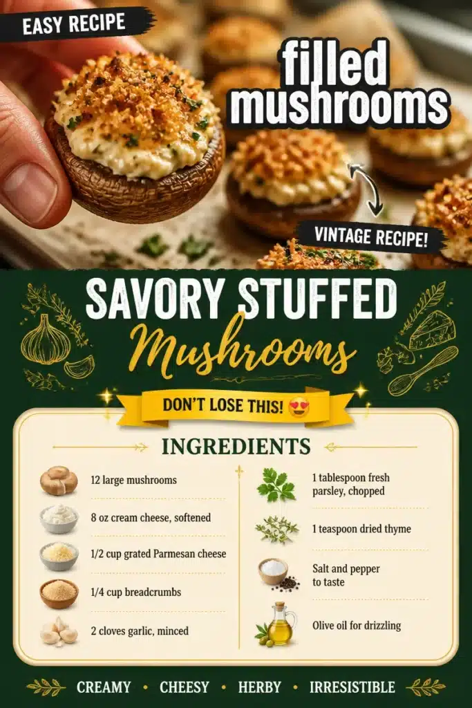 Plate of savory stuffed mushrooms topped with herbs and cheese