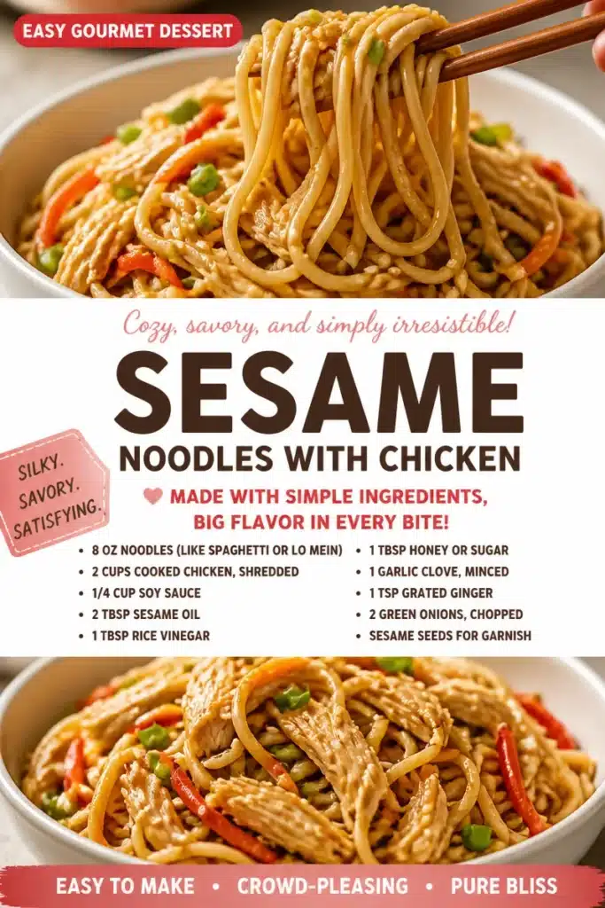 Plate of sesame chicken noodles garnished with sesame seeds and green onions