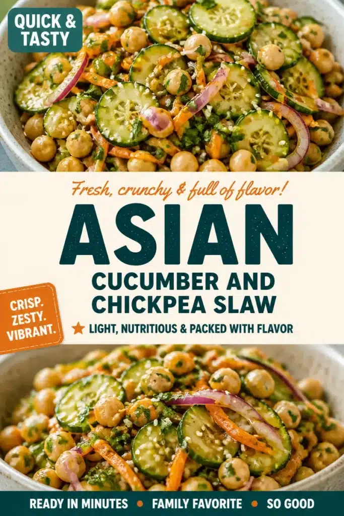 Sesame-dressed cucumber and chickpea slaw served in a bowl.