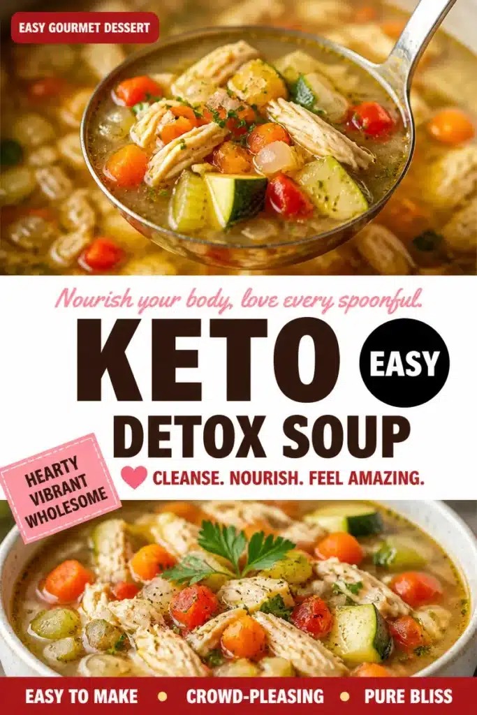 Simple Vegetable Chicken Detox Soup in a bowl garnished with herbs