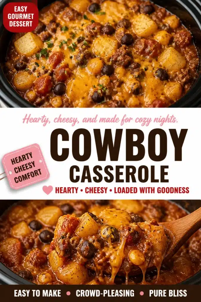 Delicious slow-cooked cowboy casserole served in a rustic bowl.
