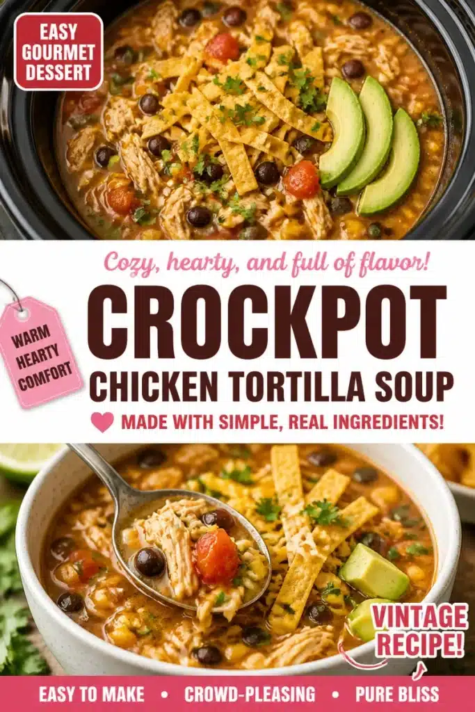 Bowl of Slow Cooker Chicken Tortilla Soup topped with tortilla strips and cilantro