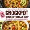 Bowl of Slow Cooker Chicken Tortilla Soup topped with tortilla strips and cilantro