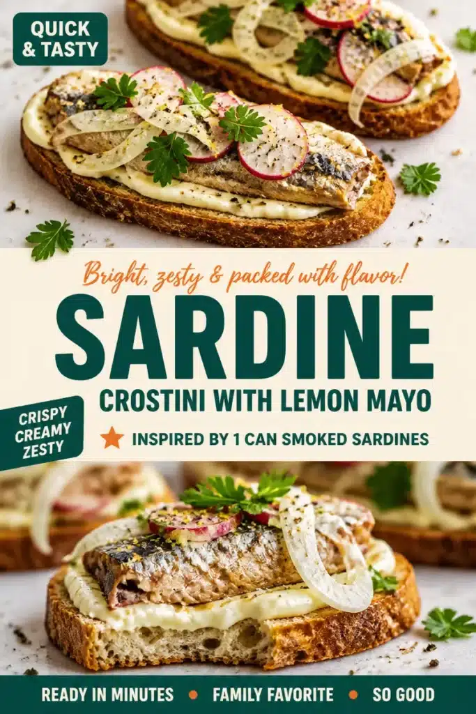 Delicious smoked sardine crostini with lemon mayo served on a rustic wooden board.