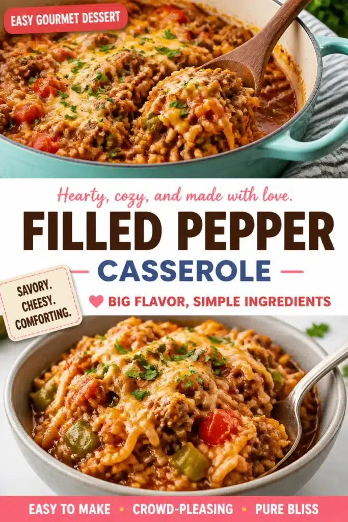 Delicious stuffed bell pepper casserole with melted cheese and vibrant veggies