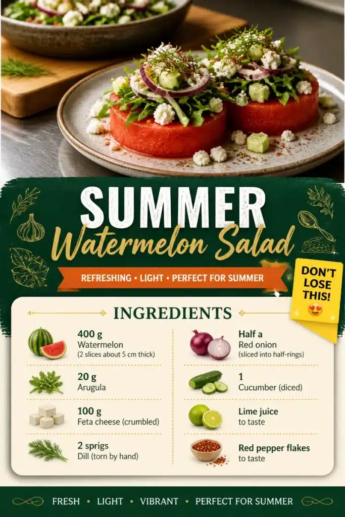 A vibrant summer watermelon salad with mint and feta cheese in a bowl