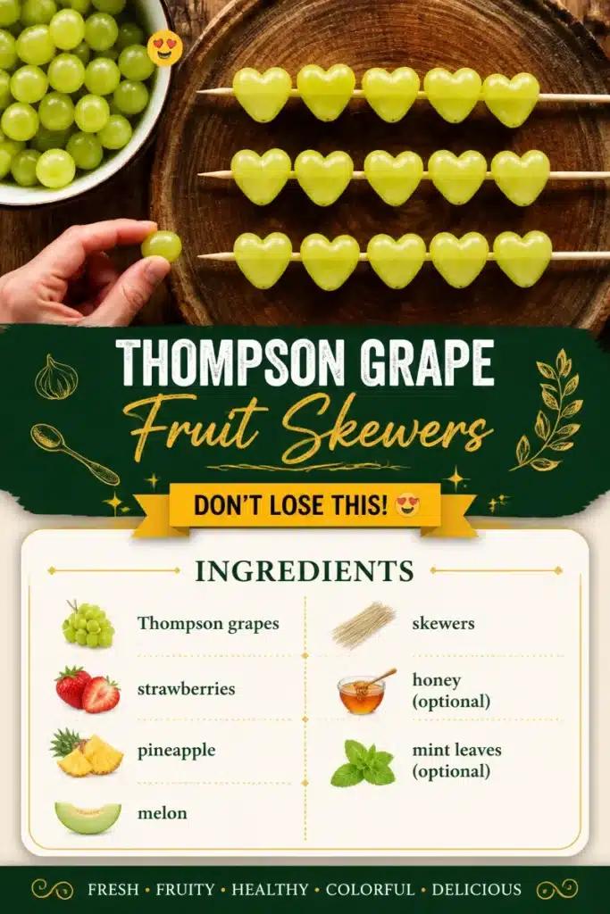Thompson grape fruit skewers arranged on a platter for a healthy snack.