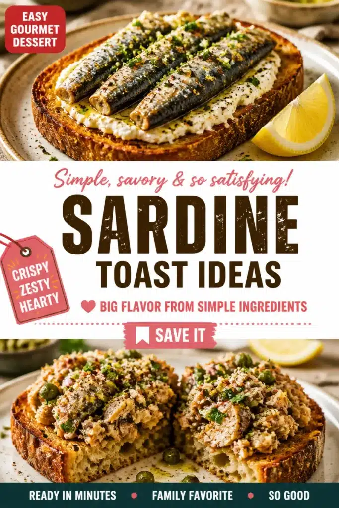 Toast topped with sardines, garnished with herbs and spices.