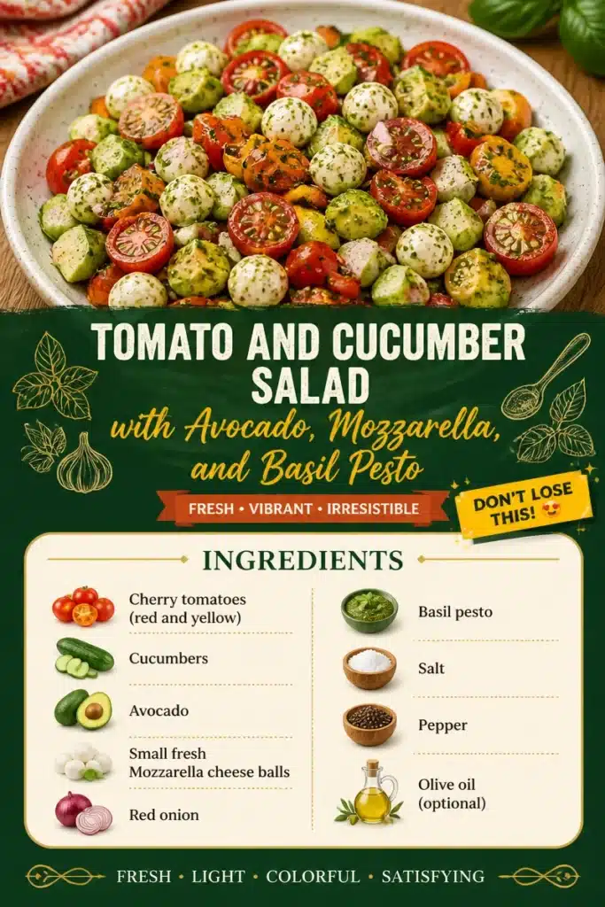 Tomato and cucumber salad with avocado, mozzarella cheese, and basil pesto dressing
