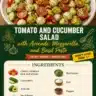 Tomato and cucumber salad with avocado, mozzarella cheese, and basil pesto dressing