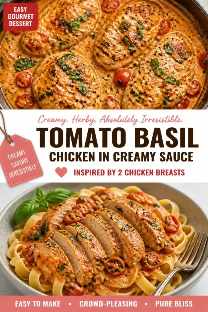 Tomato Basil Chicken in creamy sauce served on a white plate with fresh basil