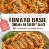 Tomato Basil Chicken in creamy sauce served on a white plate with fresh basil
