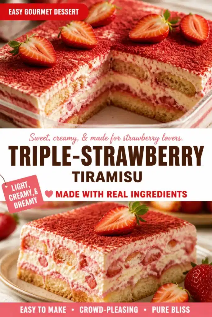 Delicious Triple-Strawberry Tiramisu dessert with fresh strawberries and creamy layers.