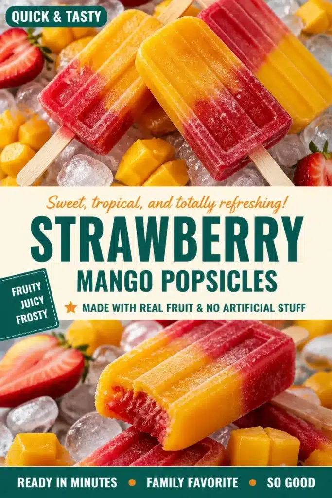 Delicious tropical strawberry mango popsicles on a wooden table