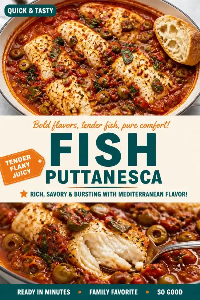 Delicious fish puttanesca served with olives and capers in a savory sauce.