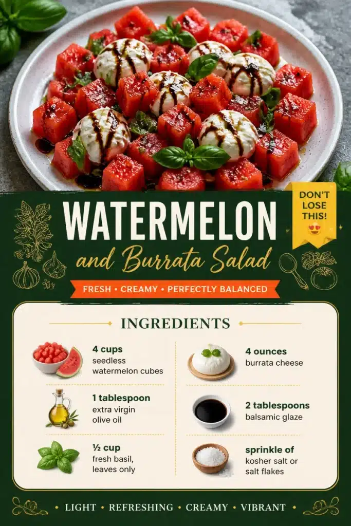 Watermelon Burrata Salad with fresh basil and balsamic drizzle