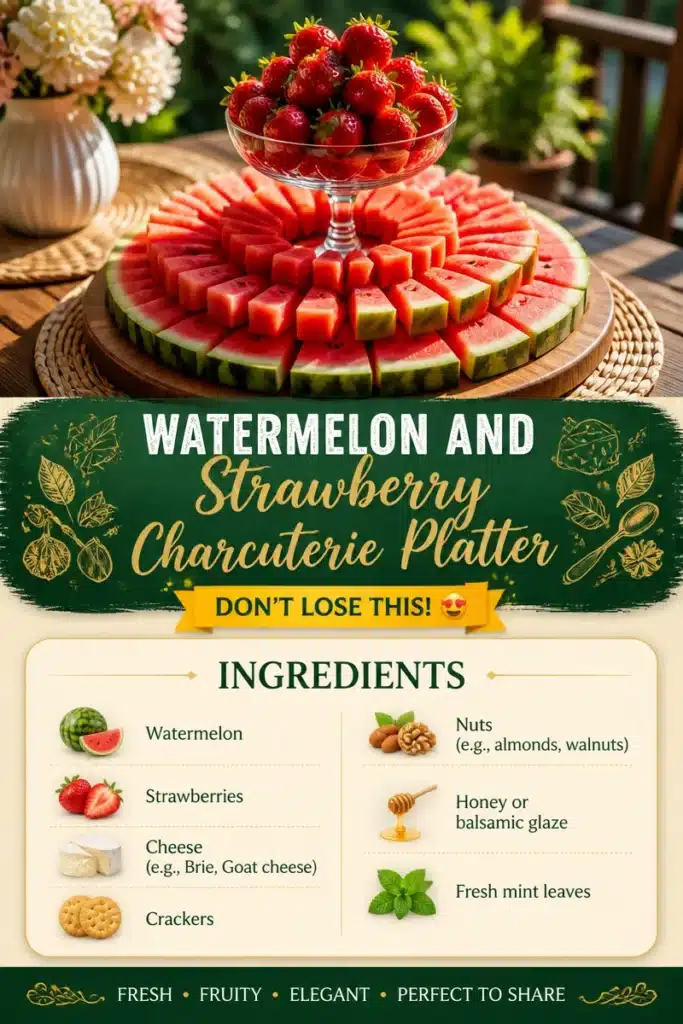 Watermelon and Strawberry Charcuterie Platter with fresh fruits and cheese
