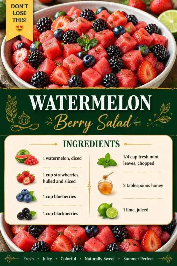 A vibrant Watermelon Berry Salad featuring colorful berries and fresh watermelon chunks.