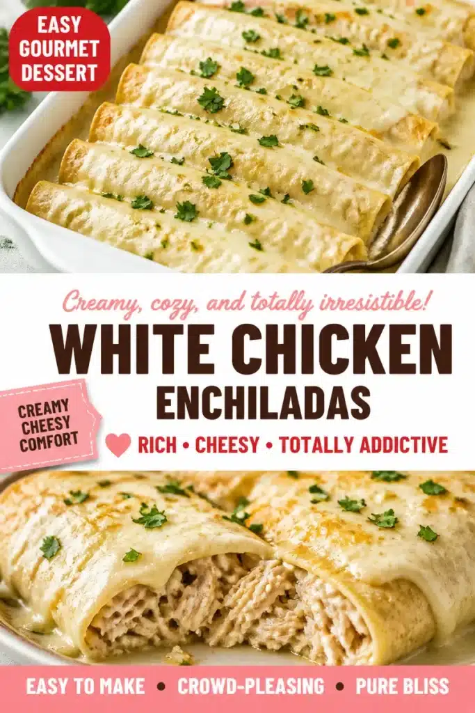 Delicious white chicken enchiladas served with creamy sauce and toppings