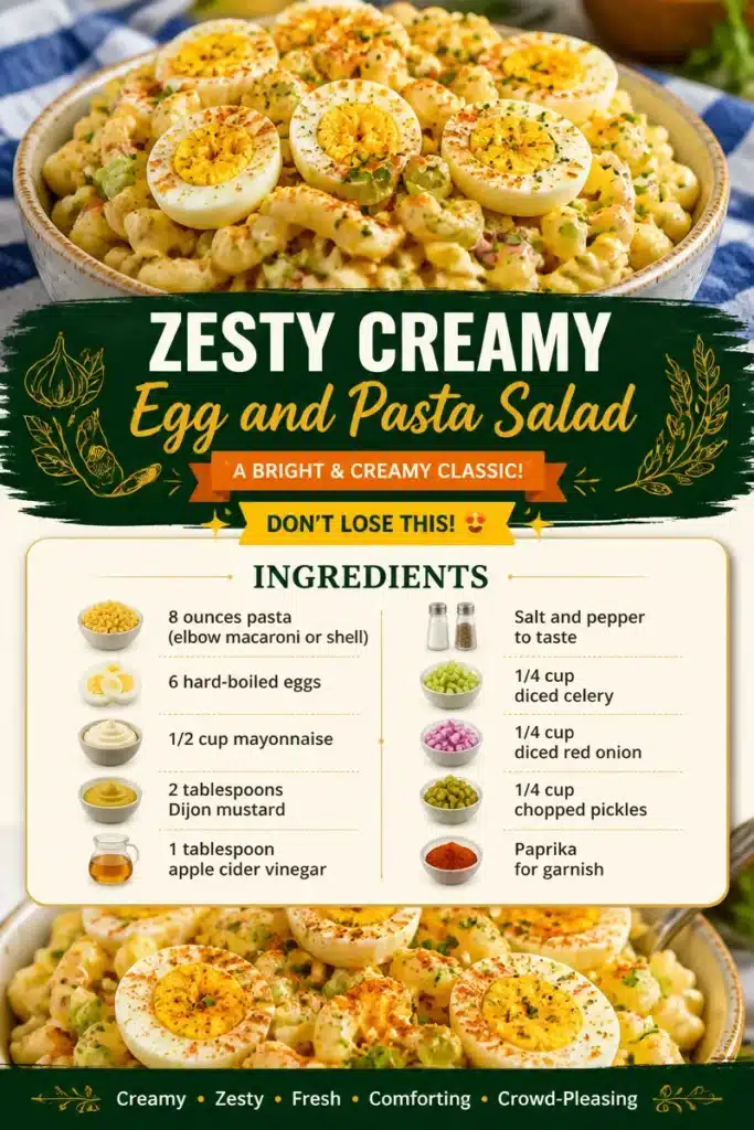 Zesty creamy egg and pasta salad served in a bowl for a refreshing meal.