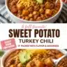Bowl of Autumn Harvest Turkey Chili with Sweet Potatoes garnished with fresh herbs