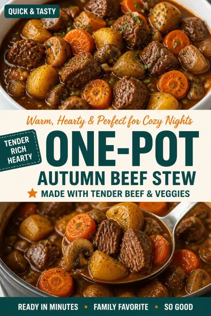 A hearty bowl of autumn one-pot beef stew with fresh vegetables and herbs