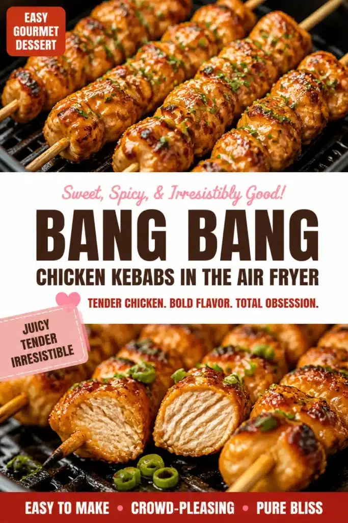 Delicious Bang Bang Chicken Kebabs cooked in an air fryer, served with dipping sauce.