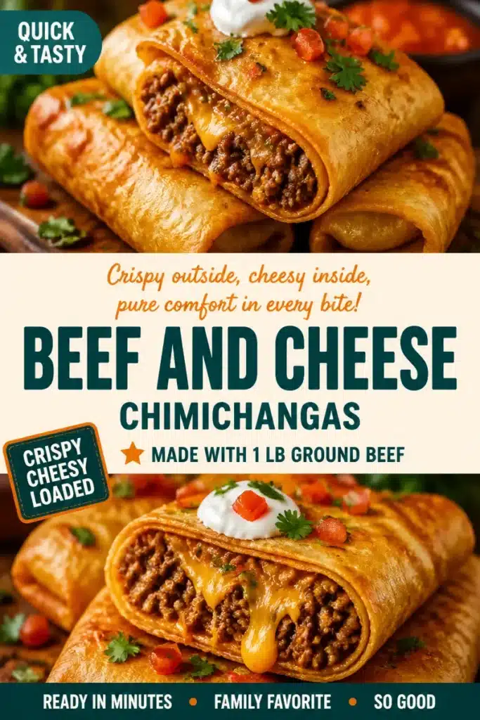 Beef and cheese-stuffed chimichangas topped with salsa and guacamole.