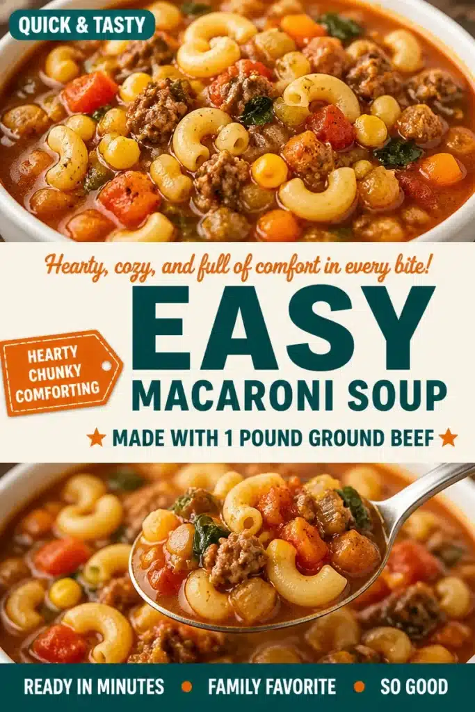 Bowl of delicious Beef and Macaroni Soup garnished with fresh herbs