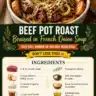 Beef pot roast braised in French onion soup served with vegetables