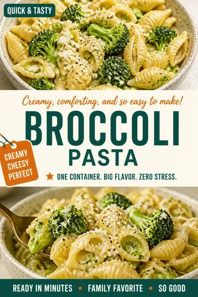 A bowl of broccoli pasta with fresh broccoli and a light sauce.