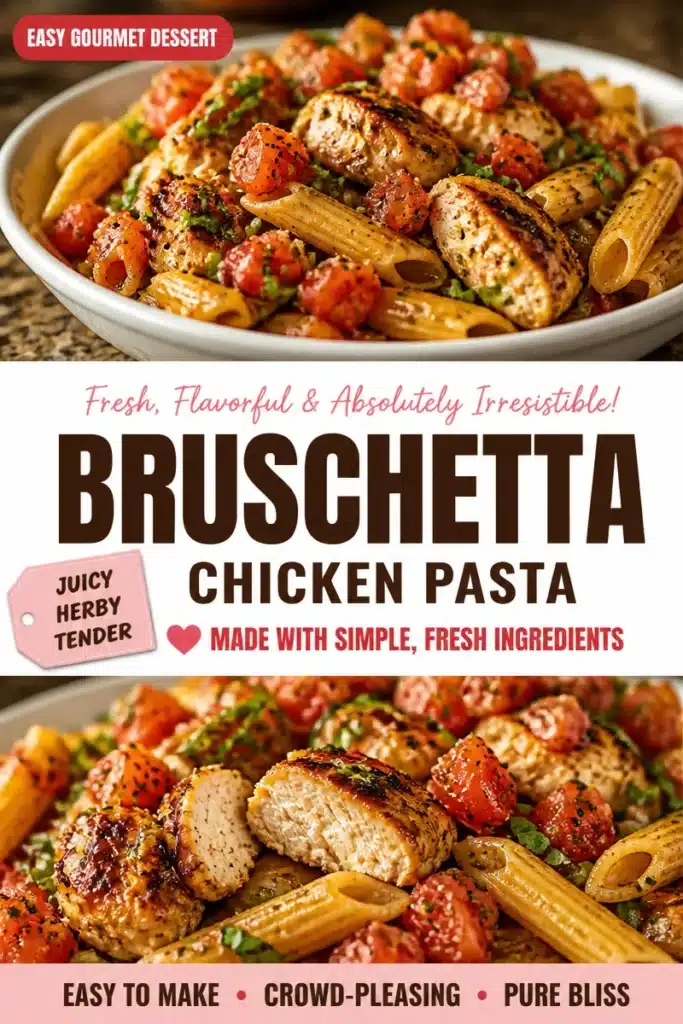 Bruschetta-style chicken pasta with fresh tomatoes and basil.