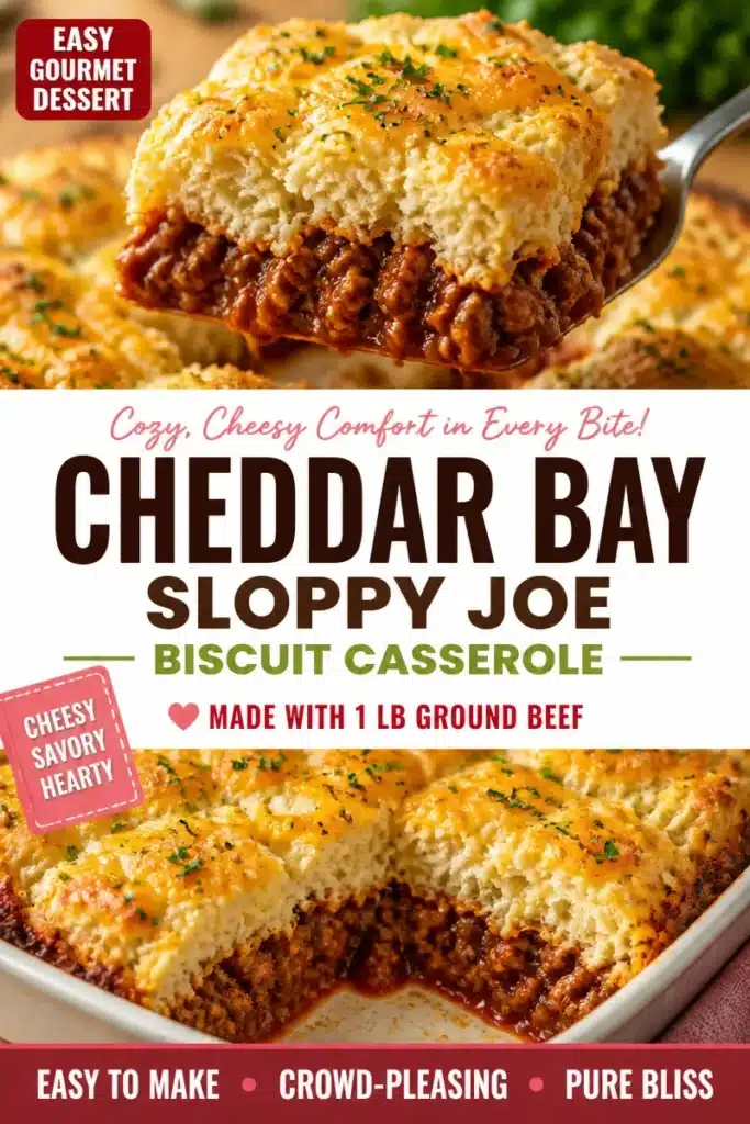 Cheddar Bay Sloppy Joe Casserole in a baking dish ready to serve