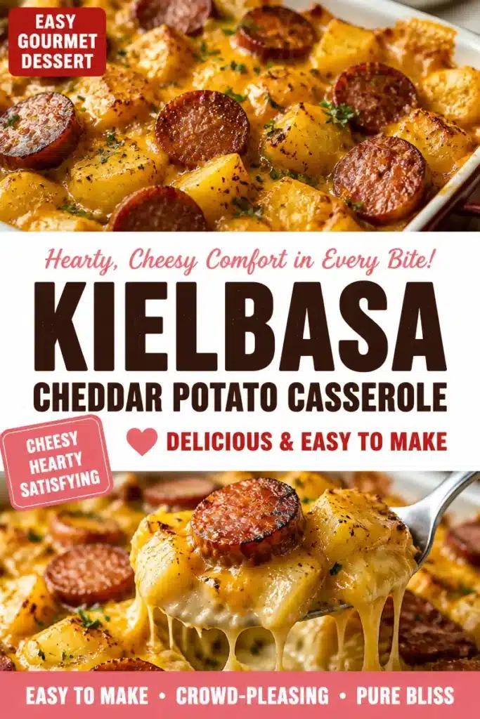 Cheddar Kielbasa Casserole with potatoes served in a baking dish