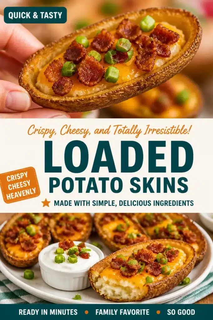 Cheesy bacon potato skins topped with melted cheese and crispy bacon.