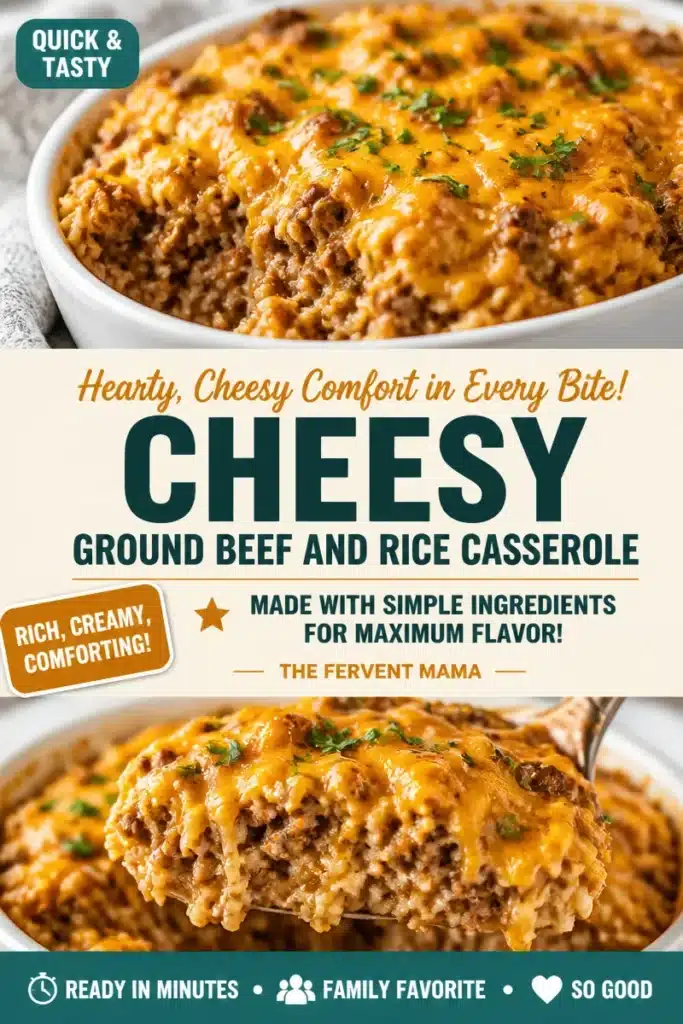 Cheesy beef and rice bake served in a casserole dish